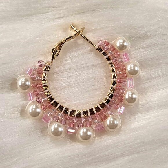 Small Pink Hoop Earrings with Pearl Edging - Picture 2 of 3